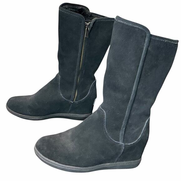 Skechers Plus 3 Pulley Winter Boots Womens 8 Black Suede Hidden Wedge Cozy Fall - Picture 2 of 13